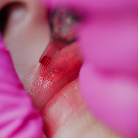 cosmetologist applying permanent make up on lips, cropped photo. beauty concept. video of the process.