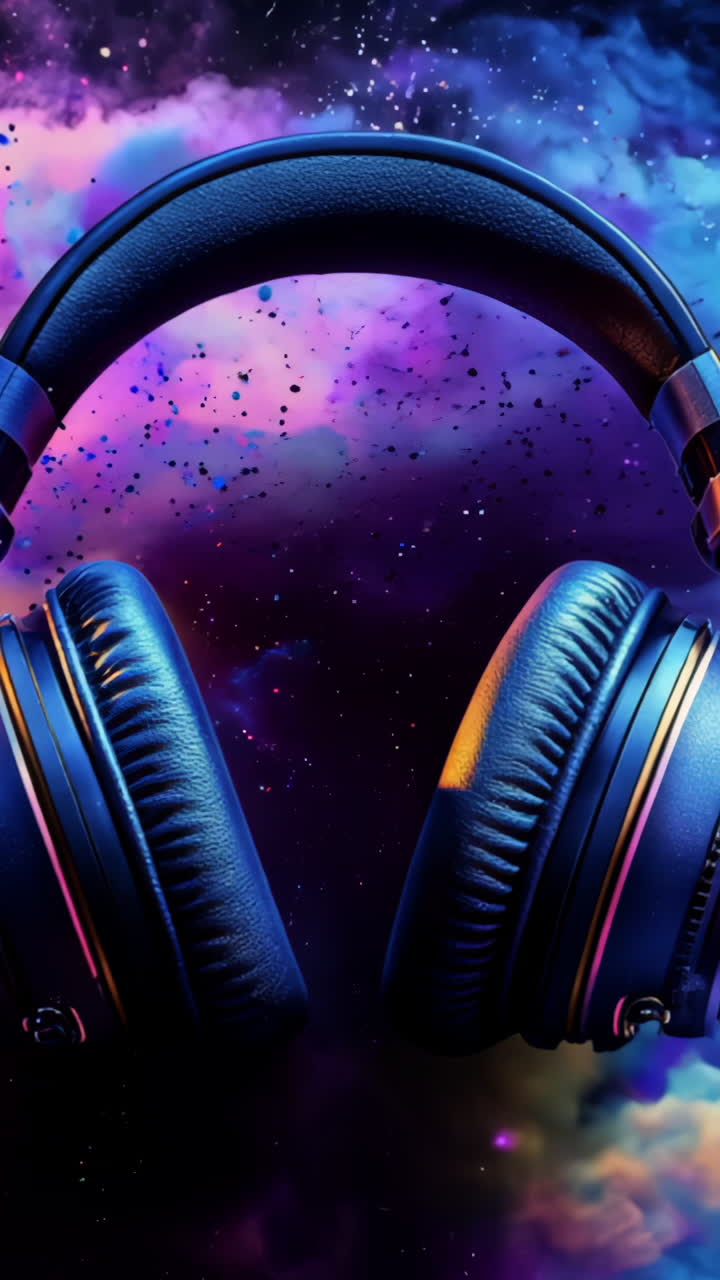 A pair of headphones is shown in a colorful, swirling cloud of smoke. The headphones are positioned in the center of the image, with the smoke surrounding them. Scene is one of excitement and energy