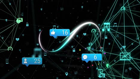 animation of social media icons and infinity icon against globes and network of digital icons