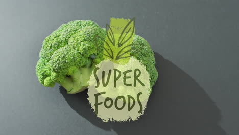 broccoli with super foods text animation over green leaf graphic