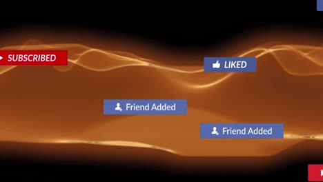 Animation-Von-Social-Media-Symbolen-Und-Text-Auf-Bannern-über-Orangefarbenen-Wellen