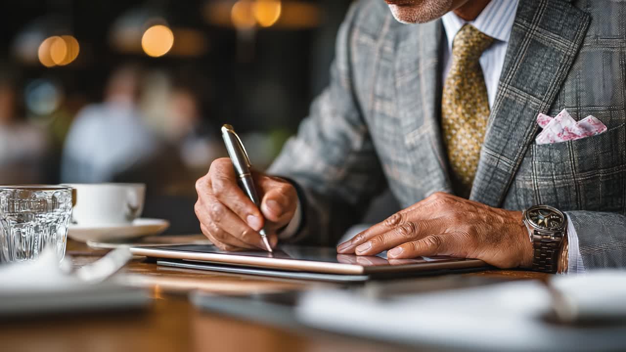 A Focused Professional Engaged in Note-Taking on a Tablet at a Stylish Cafe, Showcasing Modern Work Habits and Attention to Detail in a Business Setting