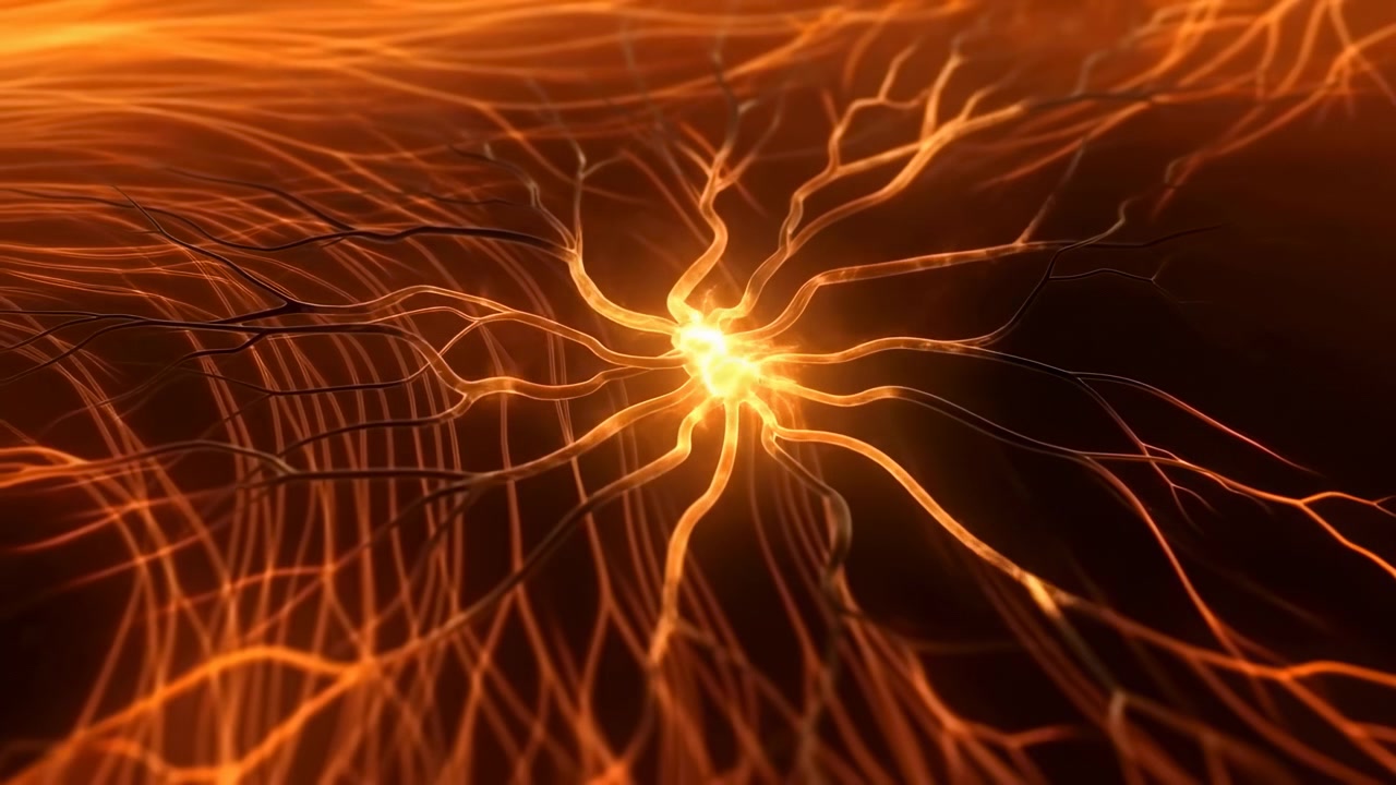 Central flare grows from dim knot into bright pulse, illuminating interconnected curved lines that extend outward through layered orange and amber tones against deep shadow.