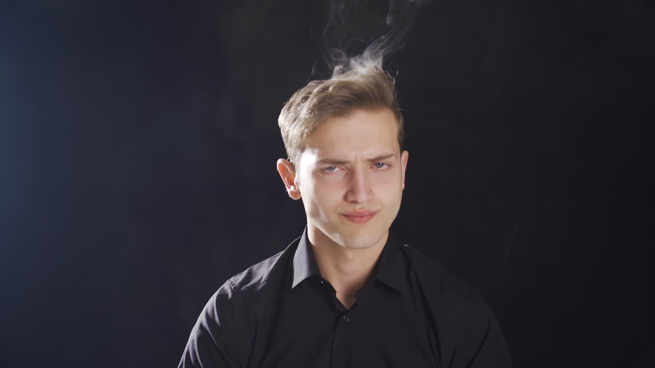 Smoke is coming out of the angry man's head.