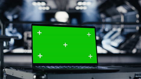 green screen laptop in spacecraft next to monitor displaying mars dashboard