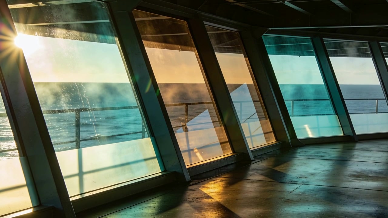 Shifting low sun glare sweeping across angled tinted panes and beams at ship deck, casting glow