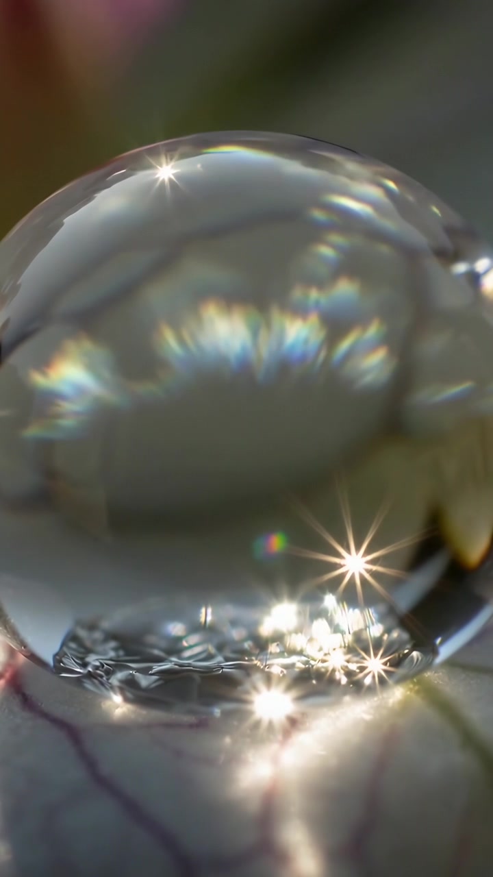 Video verticale: Gocciolina in movimento che mostra motivi iridescenti su un petalo in macro, con un cambio di angolazione della luce.