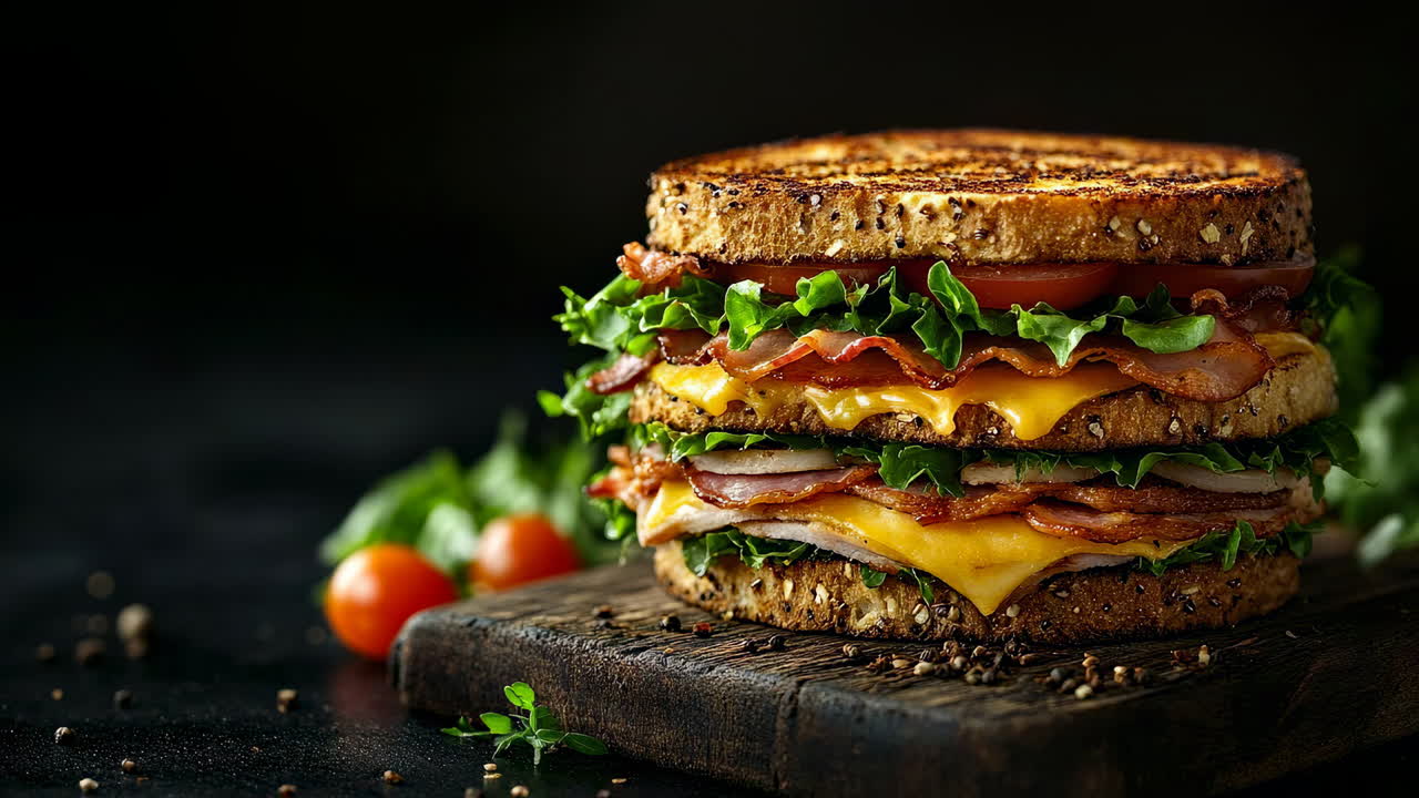 Fresh layered sandwich delight!. A tall sandwich made with layers of bread, meats, cheese, and fresh vegetables sits on a wooden board