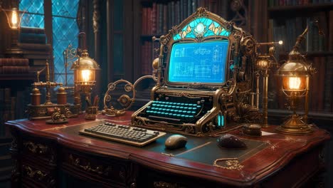 steampunk computer in a victorian library