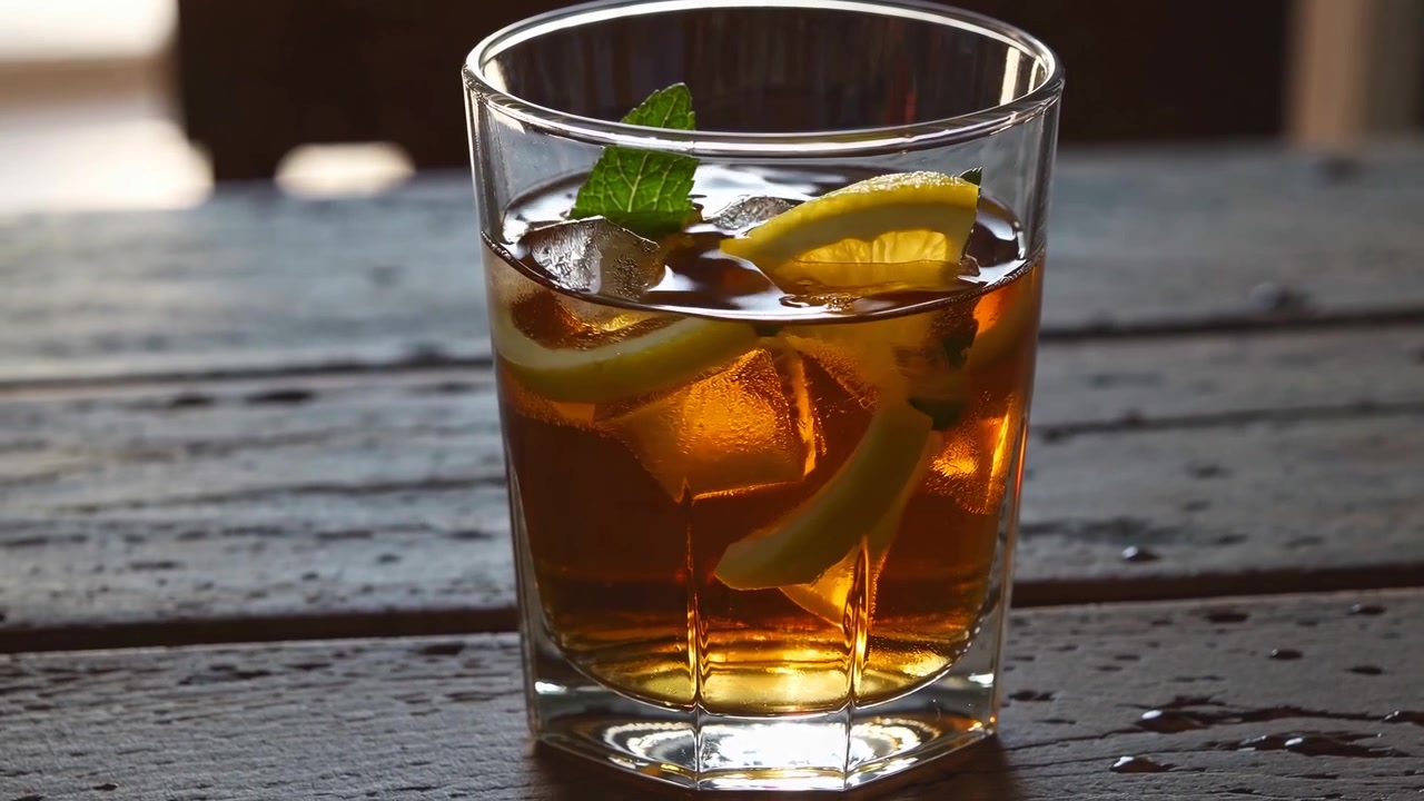 Tè freddo rinfrescante con limone e menta su un tavolo di legno
