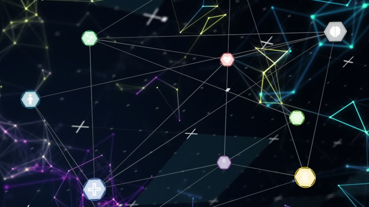 animación de la red de conexiones con iconos sobre fondo y formas negras