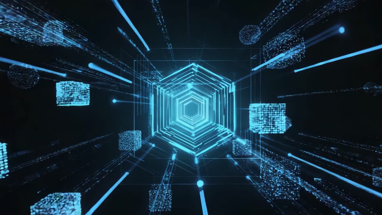 Abstract Digital Tunnel Network with Glowing Blue Lines and Cubes