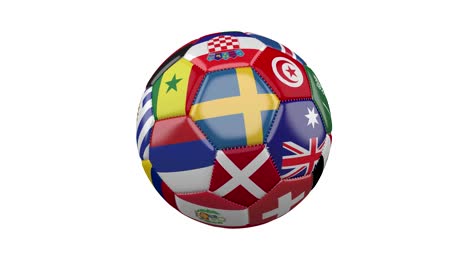 rotating soccer ball with flags of countries of the world on  white background, loop