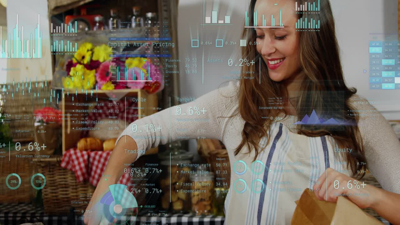 Woman packing pastries after order prompt at bakery counter, financial HUD overlaying scene