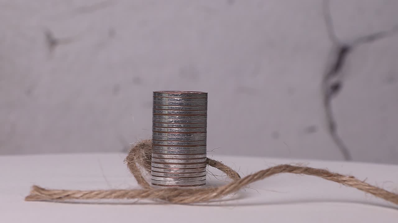 un hombre en miniatura tejido con montones de monedas y cuerdas.