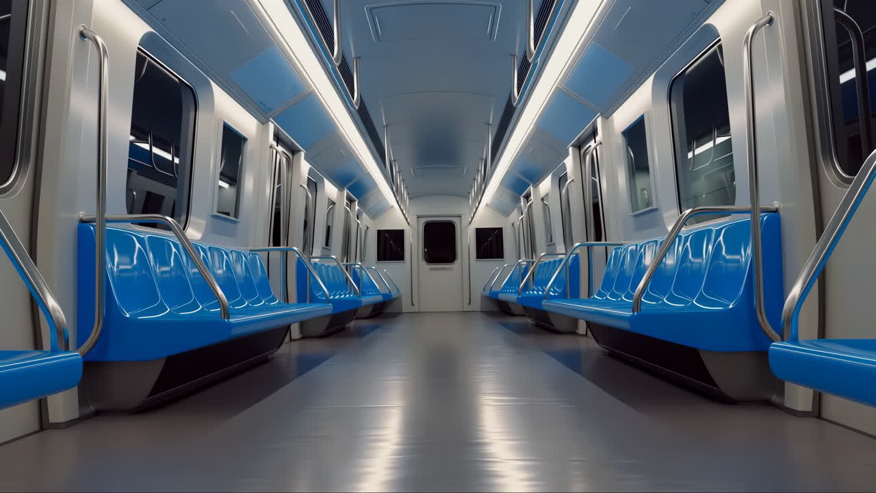 Interno moderno e vuoto di un vagone della metropolitana con sedili blu.
