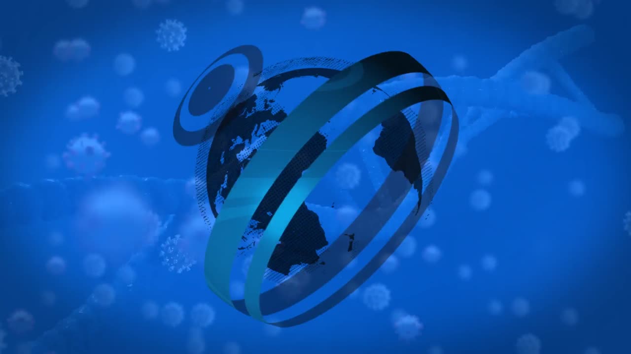 코로나19 세포 위에 회전하는 지구의 애니메이션과 파란색 배경에 대한 dna 구조