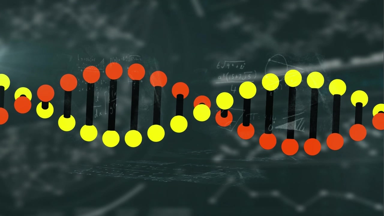 Modello rotante di doppia elica del DNA su sfondo matematico.