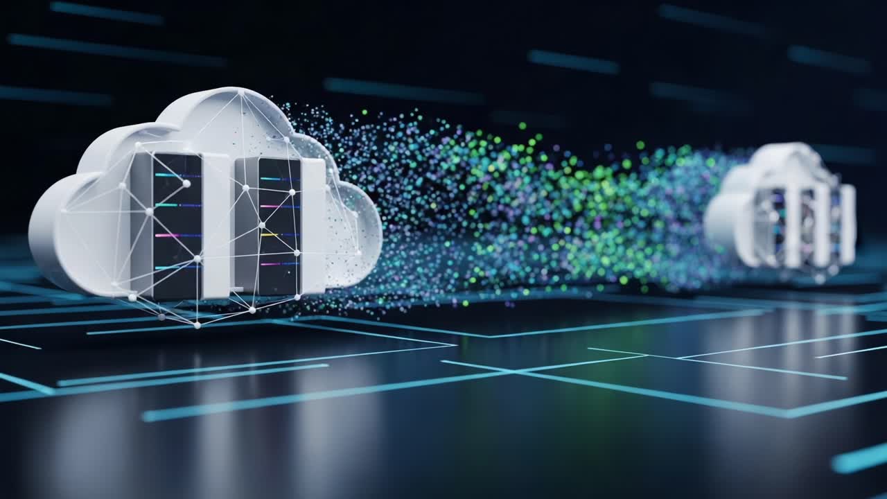 Dynamic Exchange of Data Between Cloud Storage Units, Showcasing Advanced Technology and Connectivity in a Digital Environment with Colorful Data Streams
