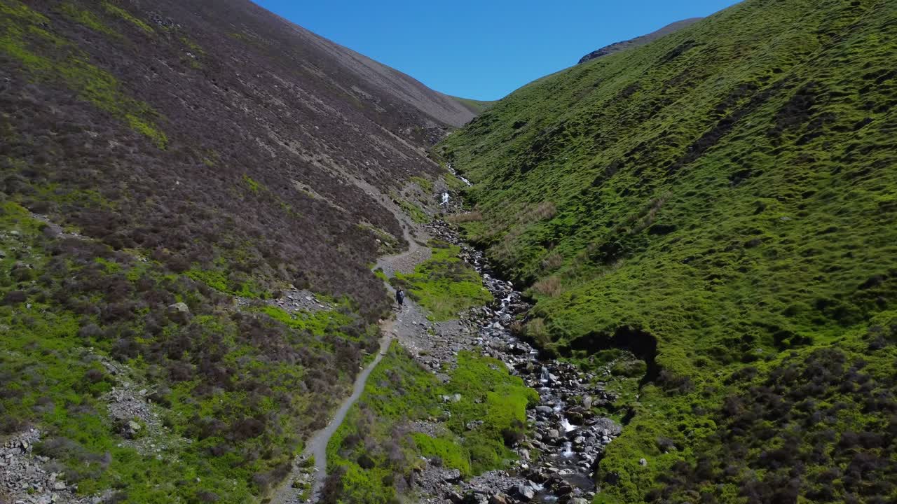 video aéreo de drones de excursionistas caminando en un valle con un arroyo