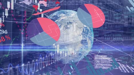 Animation-of-globe,-statistics-and-binary-coding,-financial-data-processing