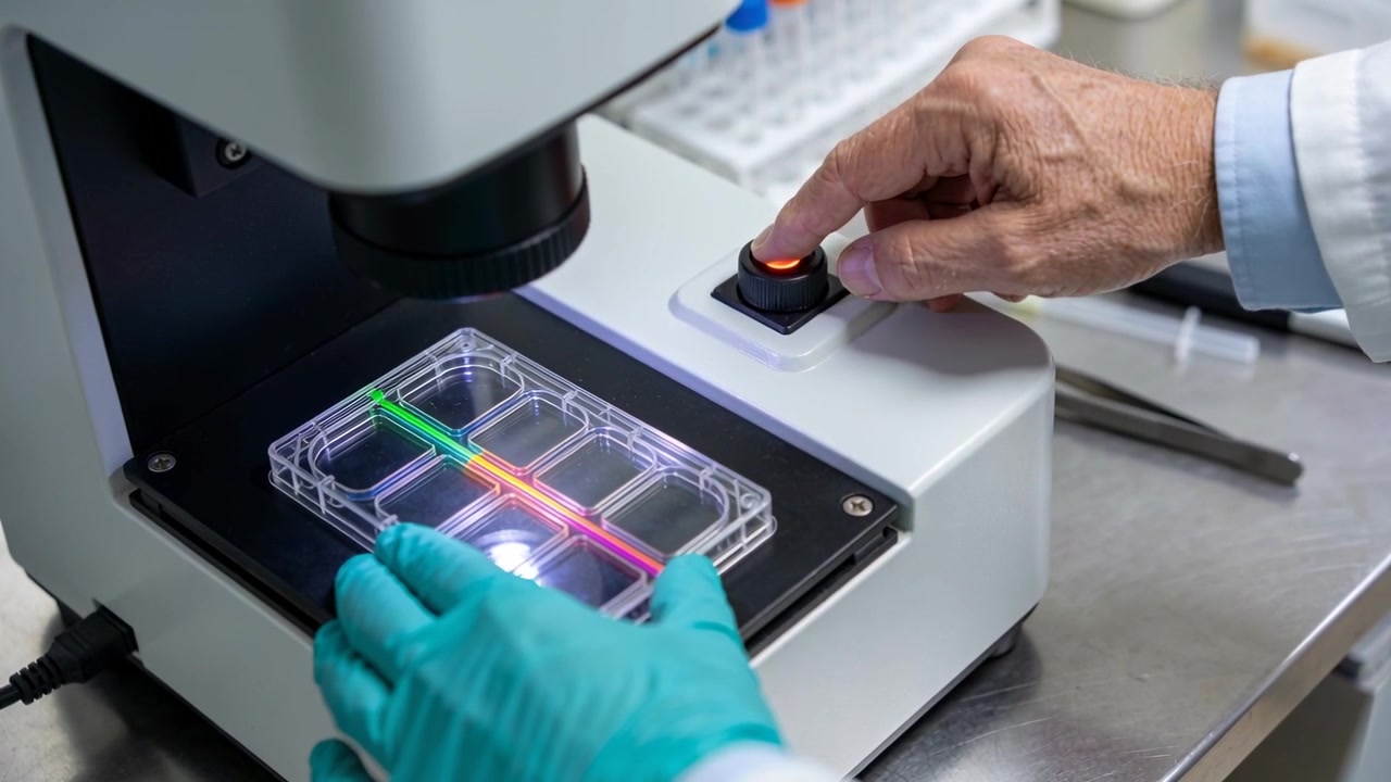 Placing 6-well on scope, gloved tech adjusting plate, lab-coat scientist rotating knob for imaging