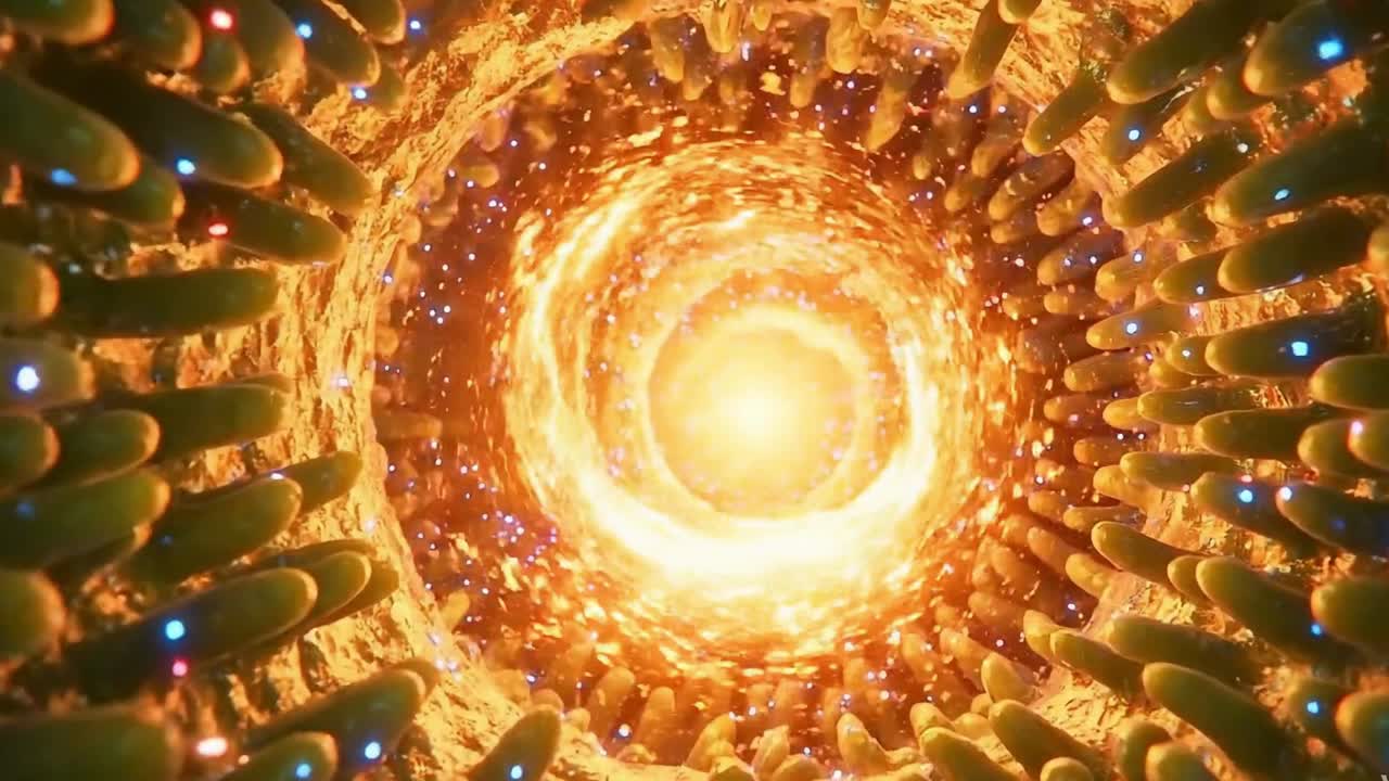 Tunnel organico colorato con strutture simili a cellule che si muovono verso un nucleo luminoso, illustrando processi biologici e il flusso di energia
