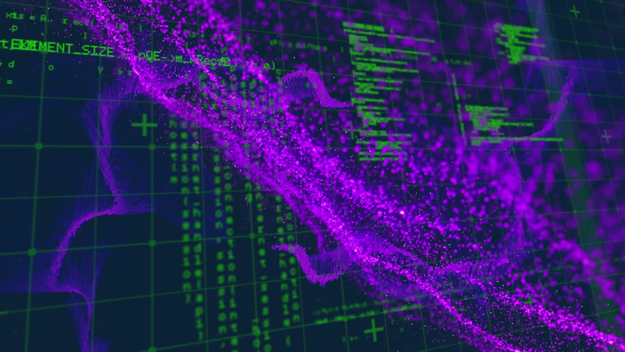 Purple digital waves against data processing over grid network on blue background