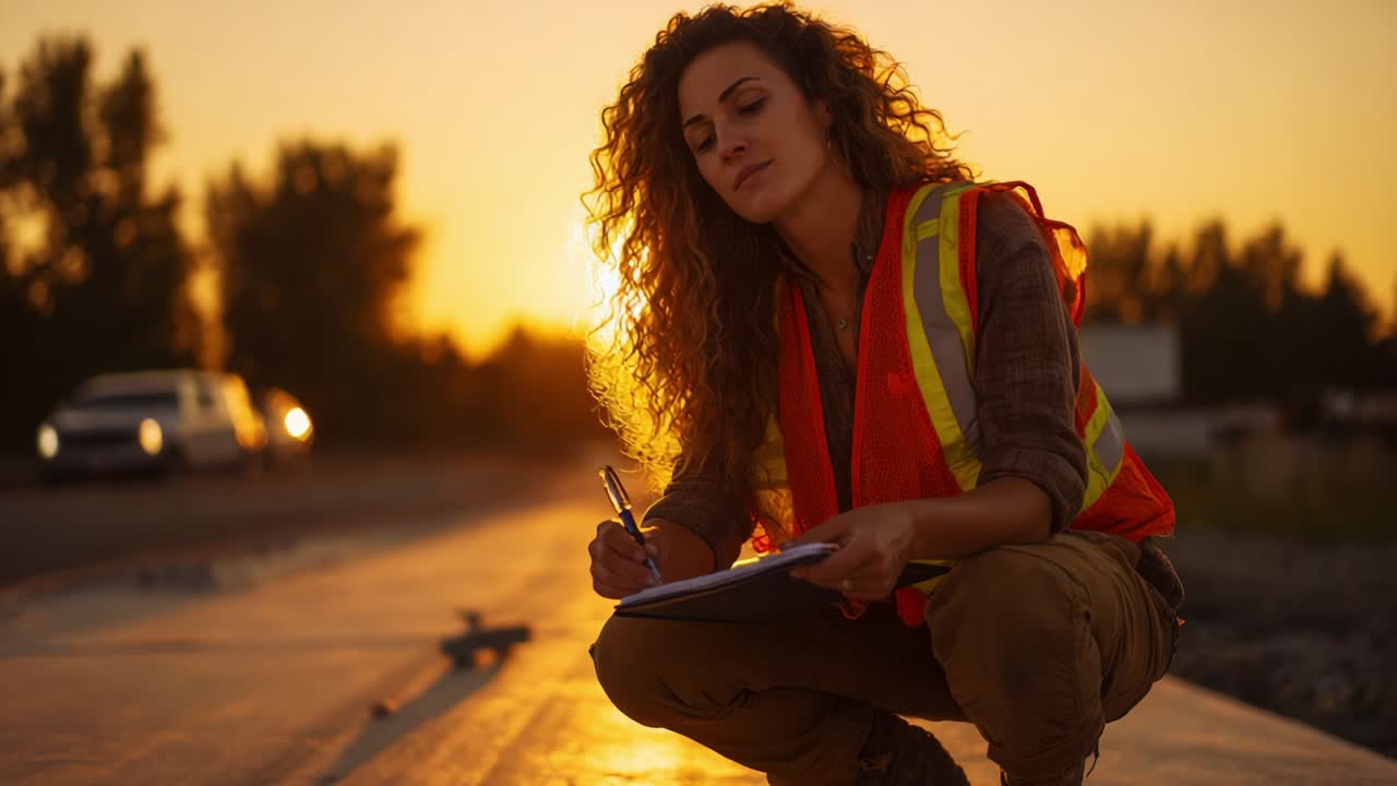 A focused construction worker taking notes at sunset, highlighting the dedication and attention to detail required in the field of engineering and infrastructure development during evening hours