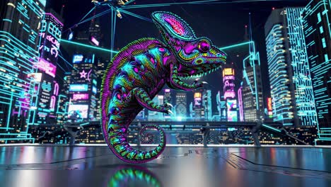 cyberpunk chameleon in a neon city