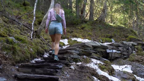 woman walks up a stone staircase