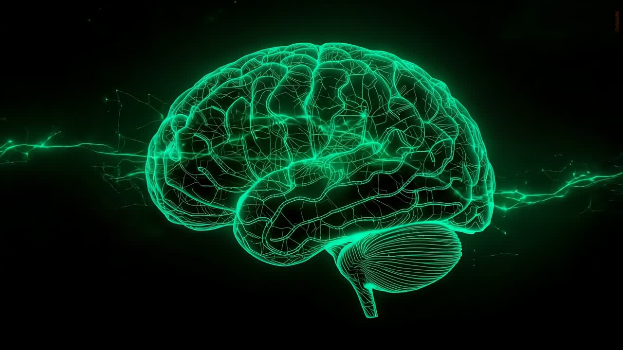 Rotating 3D brain model into frontal view in digital void after startup pulse, illuminating network