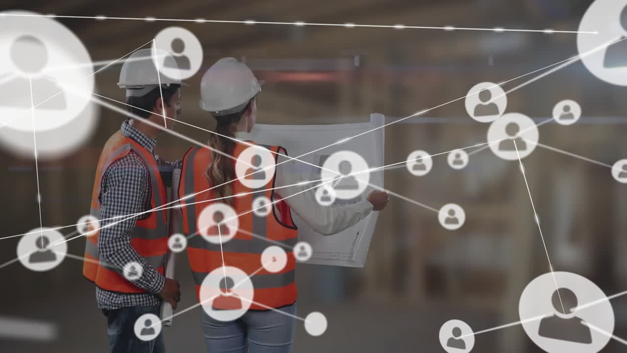 animación de la red de conexiones con iconos sobre diversos trabajadores en el almacén