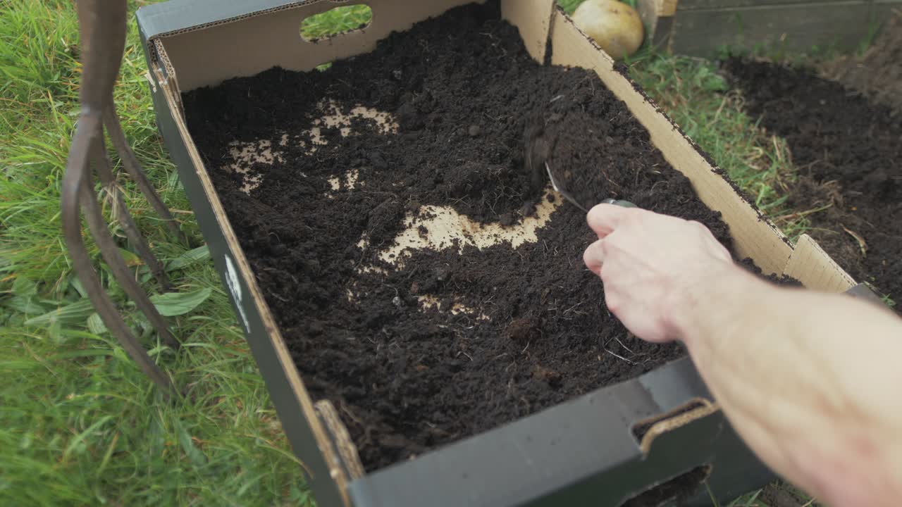 tomando compost rico en nutrientes de una caja de cartón con paleta