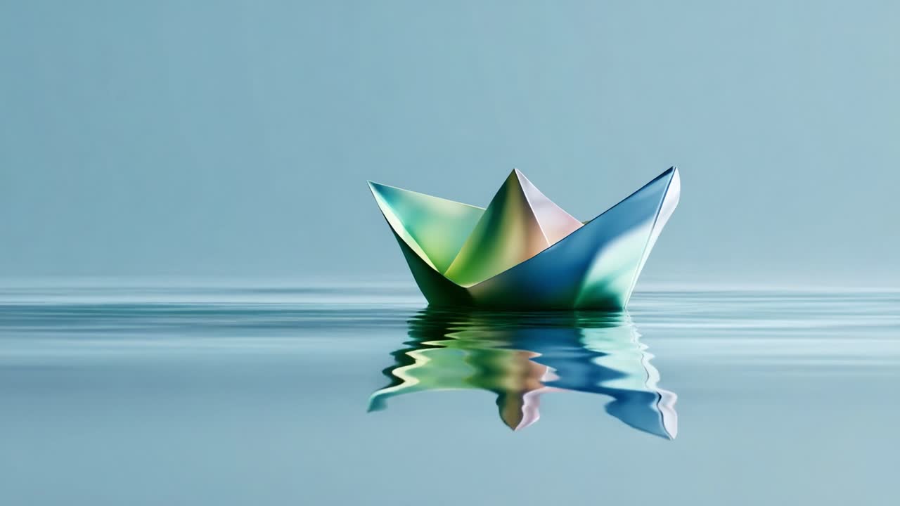 A Serene Paper Boat Floating Gently on Tranquil Waters, Capturing the Stillness and Reflection of Its Vibrant Colors Against a Soft Blue Background