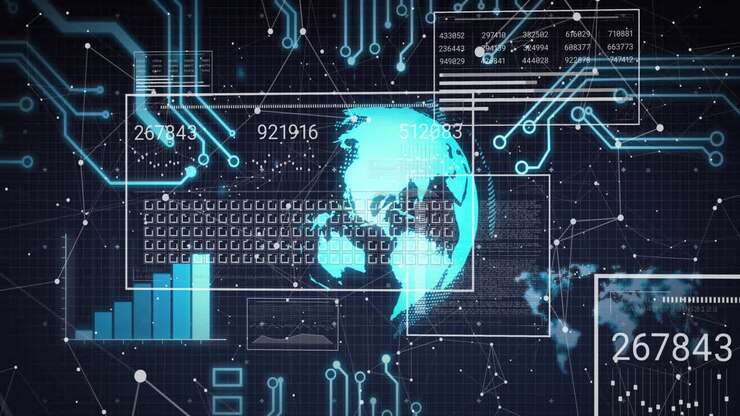 Animation of digital globe with circuit patterns for futuristic data processing