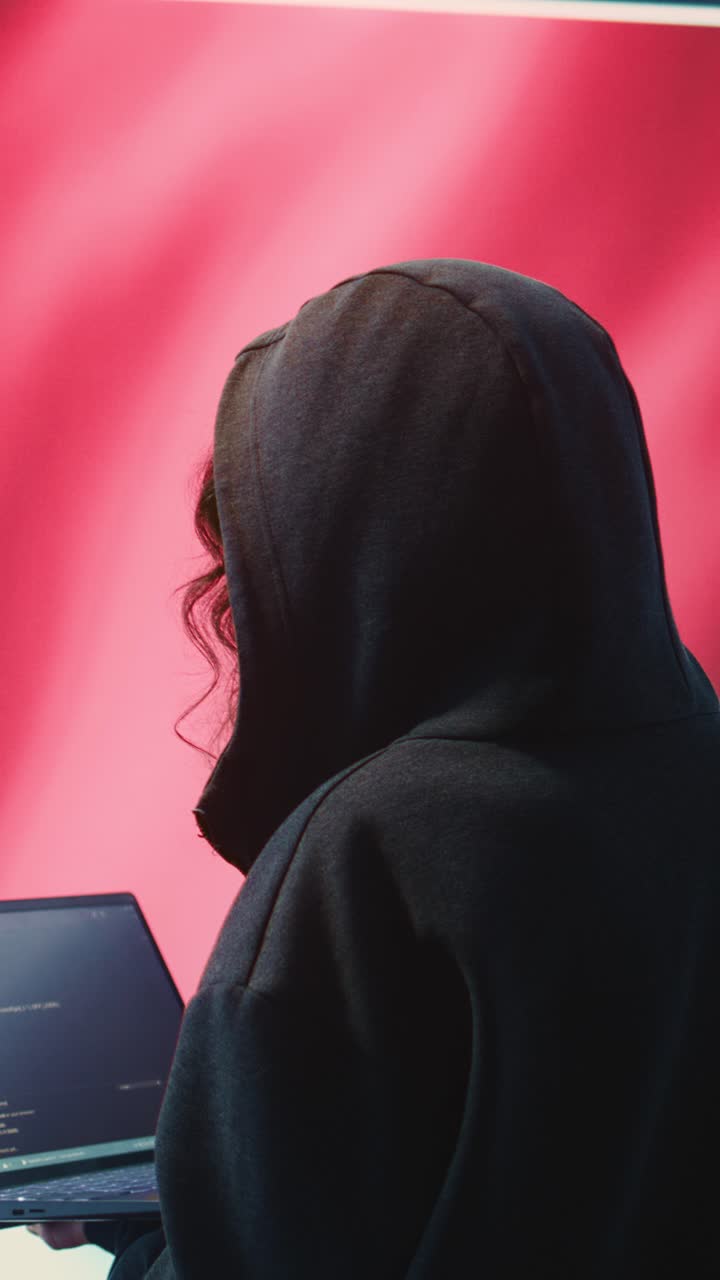 Persona con felpa scura con cappuccio che programma su un portatile su sfondo rosso