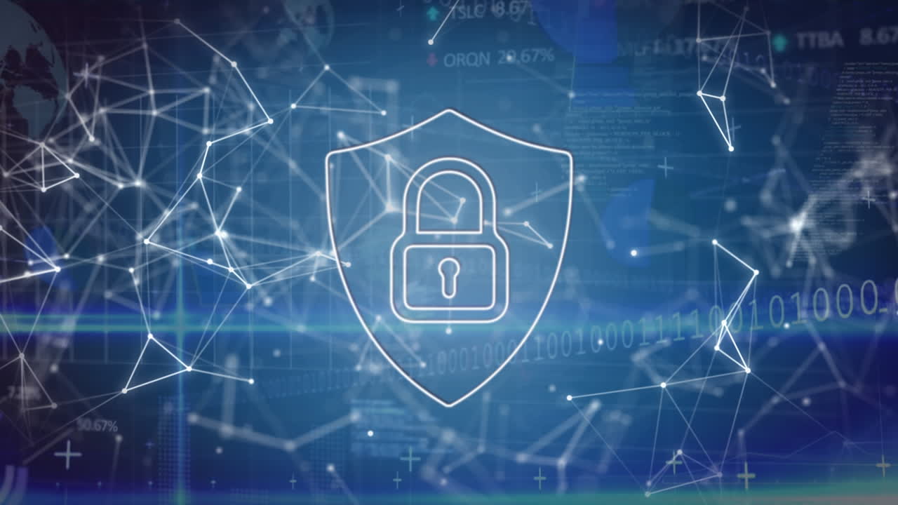 Animation of padlock in shield, computer language and connected dots forming abstract background
