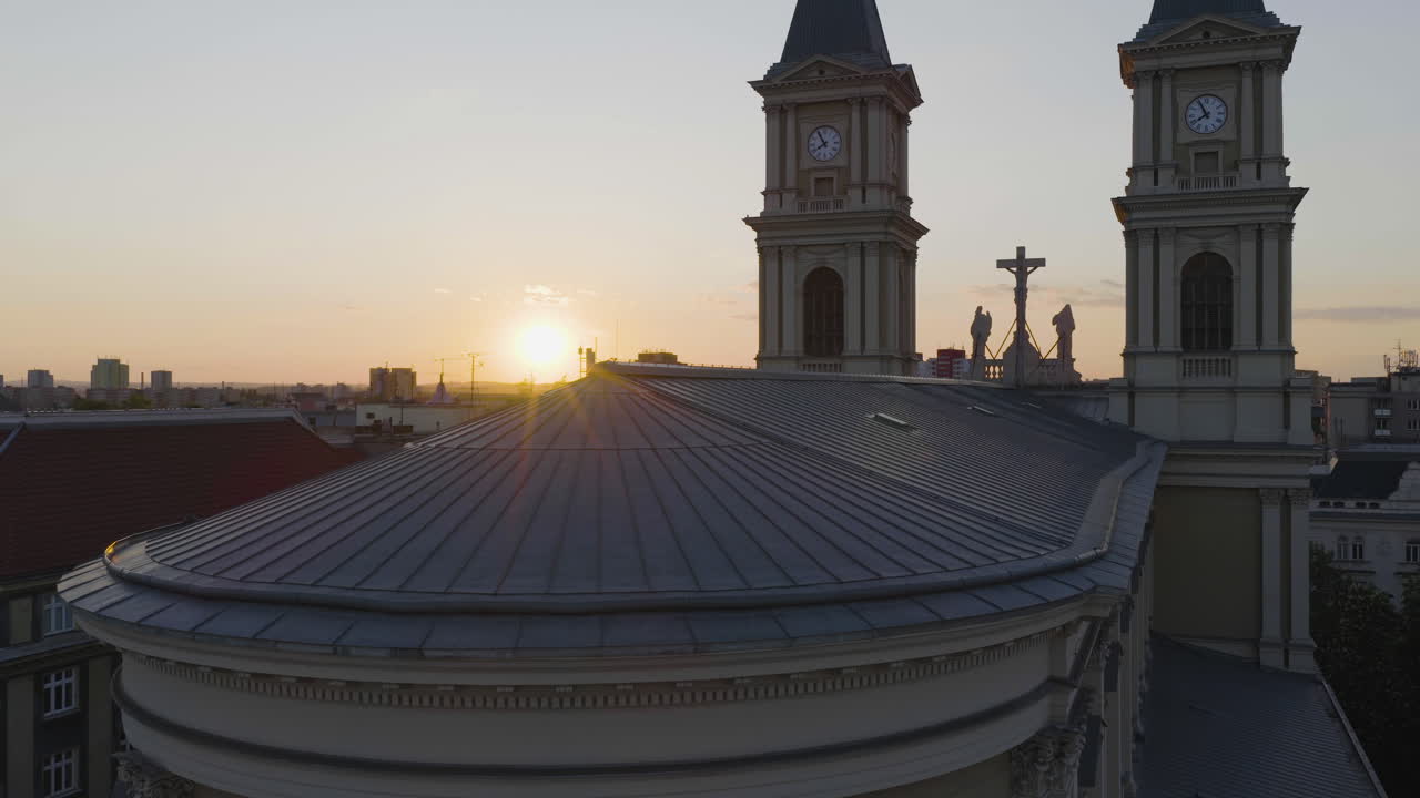 Drone rising in front of the Cathedral of the Divine Saviour, sunset in Ostrava
