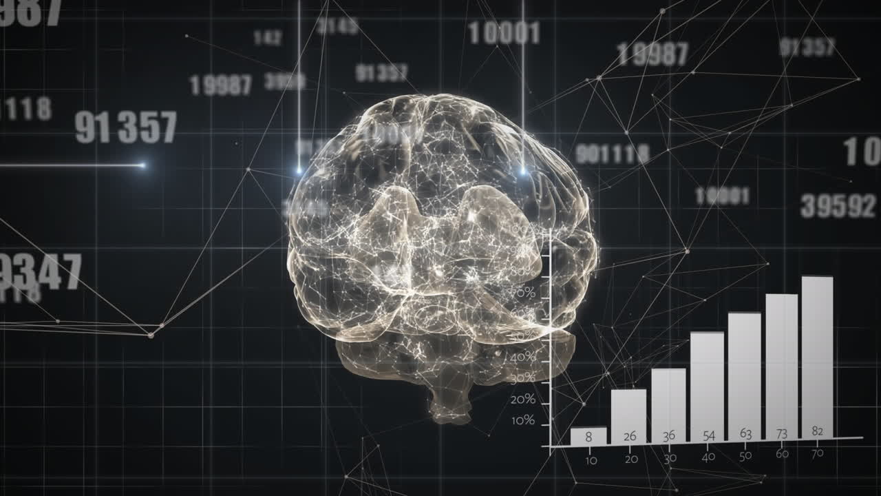 animación de números cambiantes, procesamiento de datos, red de conexiones a través del icono del cerebro humano