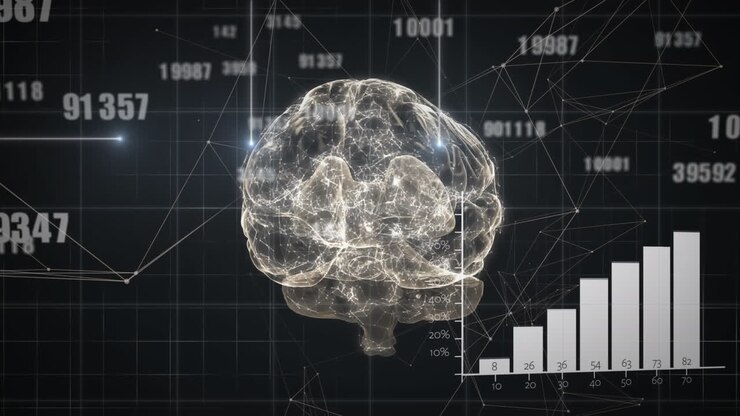 Animation of changing numbers, data processing, network of connections over human brain icon