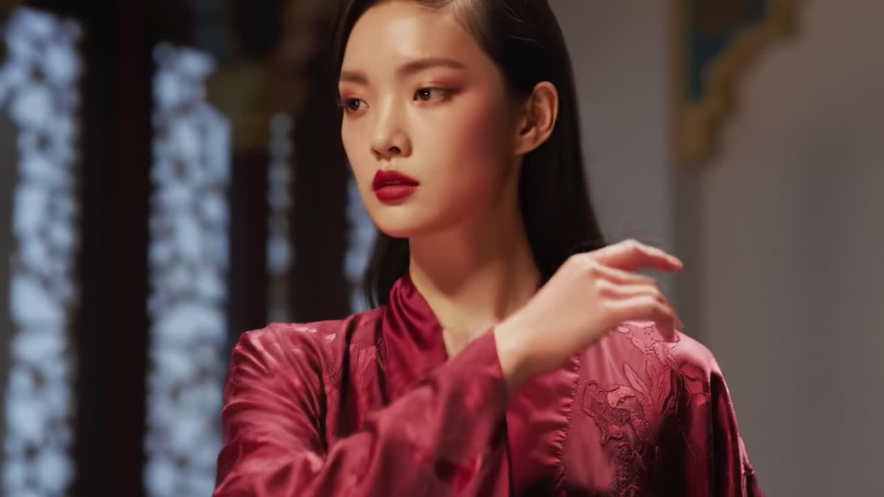 A Captivating Representation of Elegance and Poise: A Young Woman Draped in Rich Red Attire Poses Gracefully Against a Subtle Cultural Backdrop