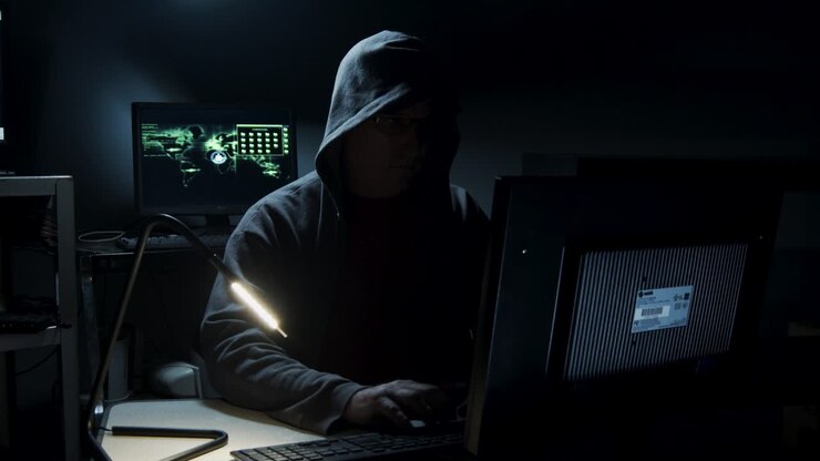 Hacker informatico digita codice al computer