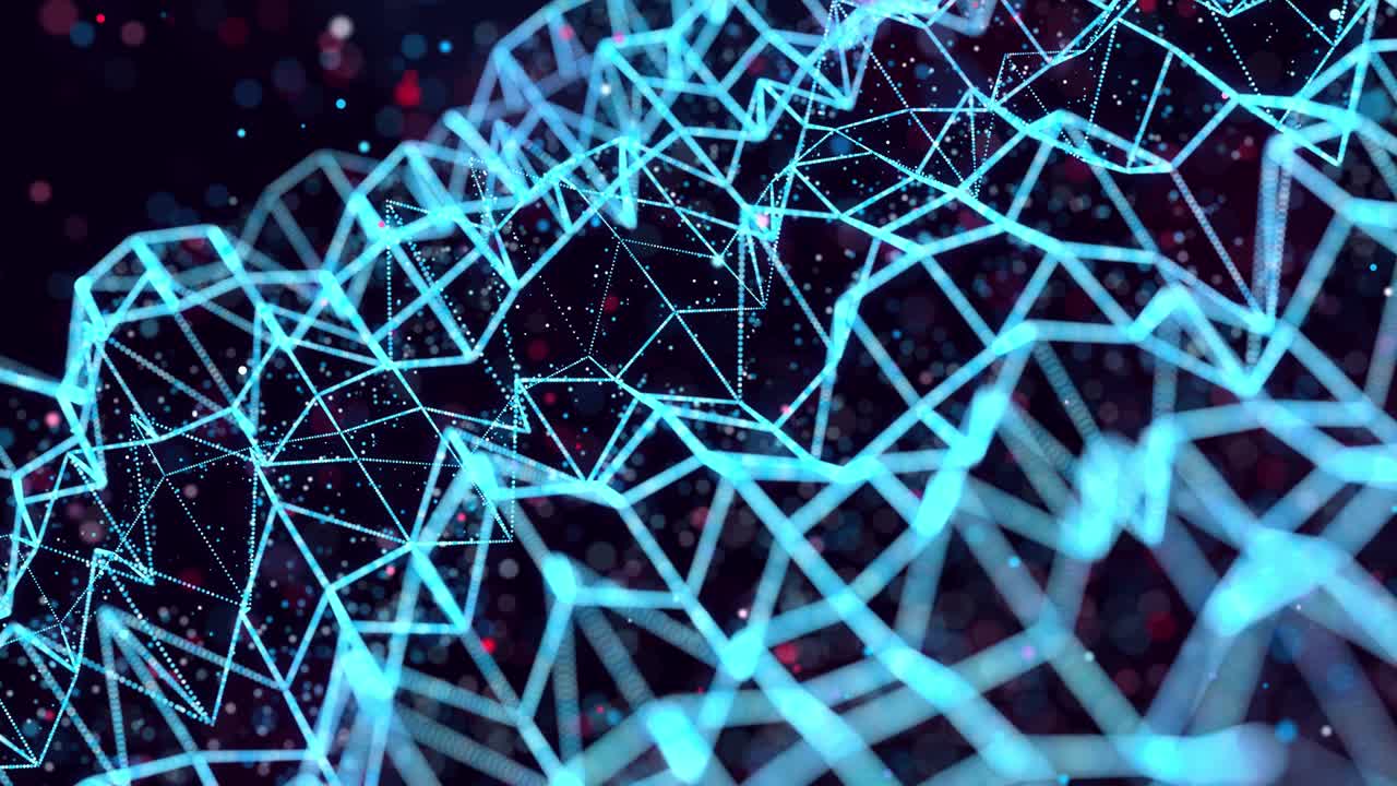 Abstract glow particles form 3d object in space. Vj loop as bg of virtual digital space. Particles form holoram shape as concept of big data, network or vr space. Sci-fi motion design bg. Plane