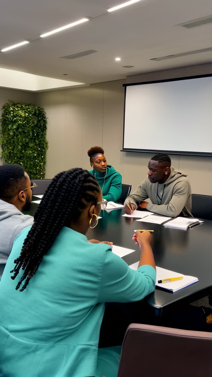 A group of people are sitting around a table in a conference room