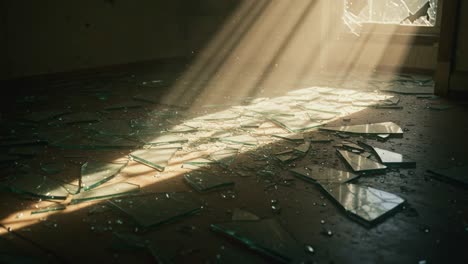 a captivating glimpse of sunlight streaming through a broken window onto shattered glass, creating a beautiful contrast between light and shadow in an abandoned space