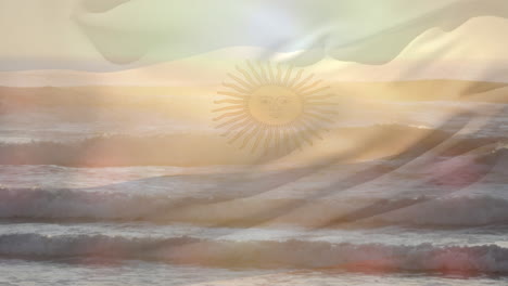 digital composition of waving argentina flag against waves in the sea