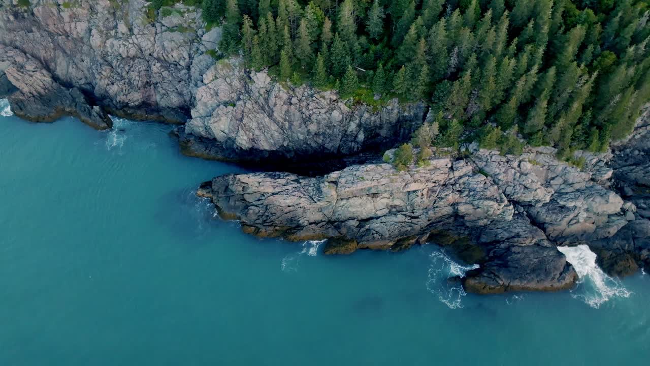 Drone Orbit of Maine's Bold Coast Showcasing Trees, Rocks, and Blue Waters