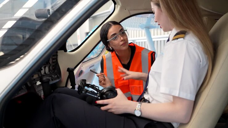 Donne pilota nella cabina di pilotaggio di un aereo durante l'addestramento al volo