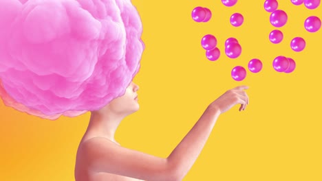 woman body with cloud on head and flying spheres. realistic 3d art composition in creative modern stop motion style. minimal abstract graphic design. fashion loop animation.